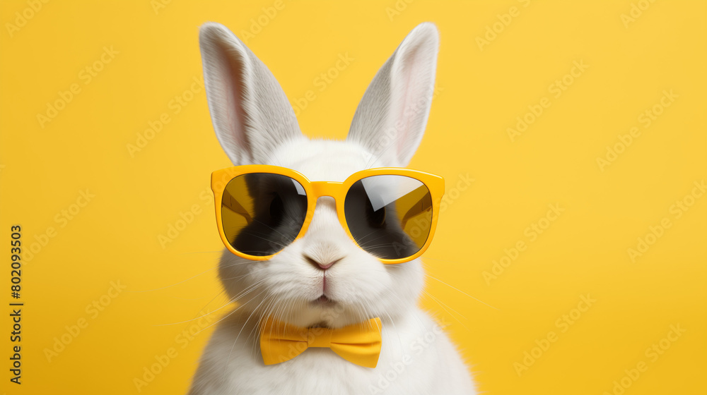 Cute white rabbit in yellow sunglasses and bow tie on pastel background, copy space concept for Easter celebration.