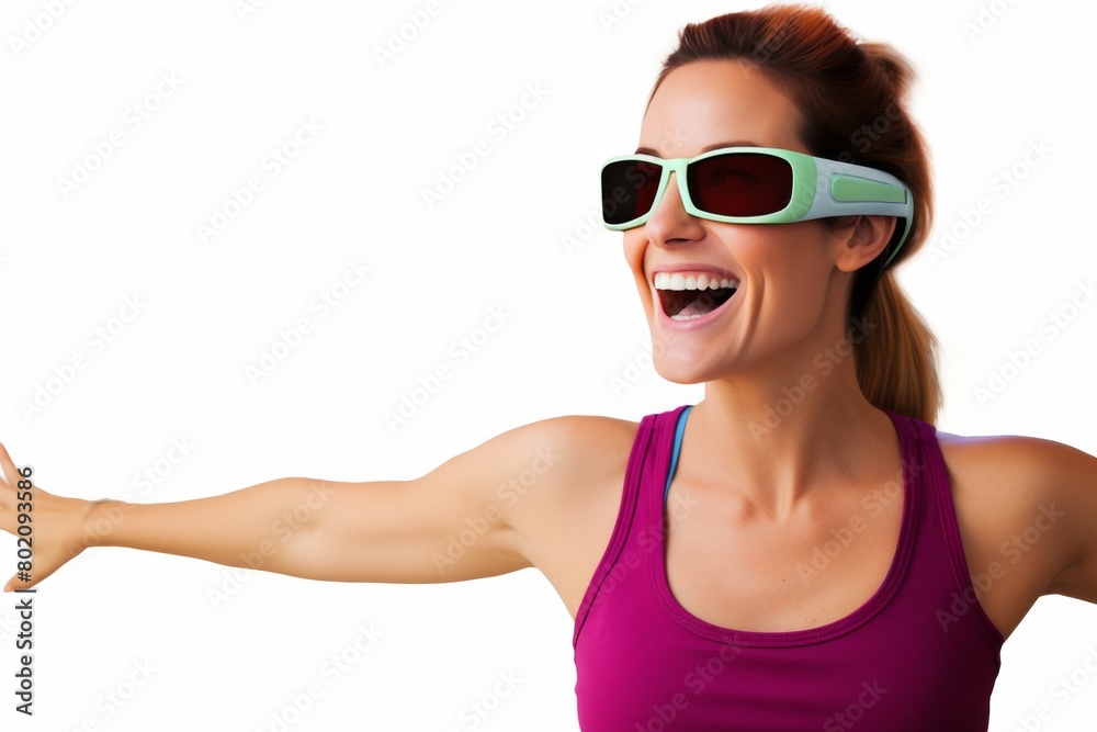 A woman wearing sunglasses and a pink tank top is smiling A woman wearing sunglasses and a pink tank top is smiling