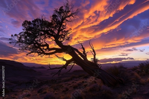 A lone, wind-twisted tree silhouetted against a desert sunset, panoramic perspective © ktianngoen0128