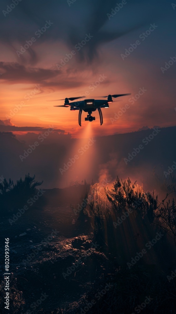 A MALE drone with a spotlight illuminating a target at night, casting harsh shadows across the landscape A MALE drone with a spotlight illuminating a target at night, casting harsh shadows across the landscape