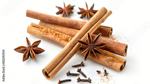 Cinnamon sticks with powder and anise stars on white b