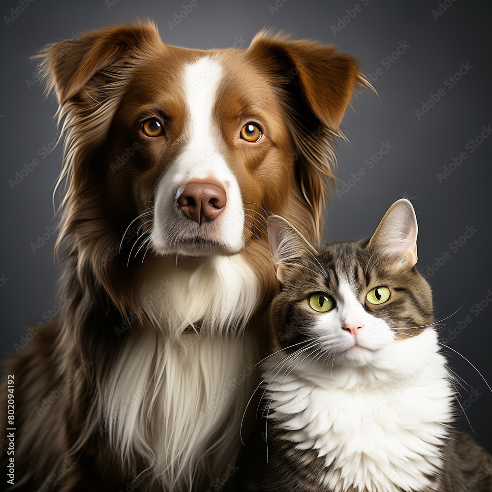 portrait dog and cat, black background