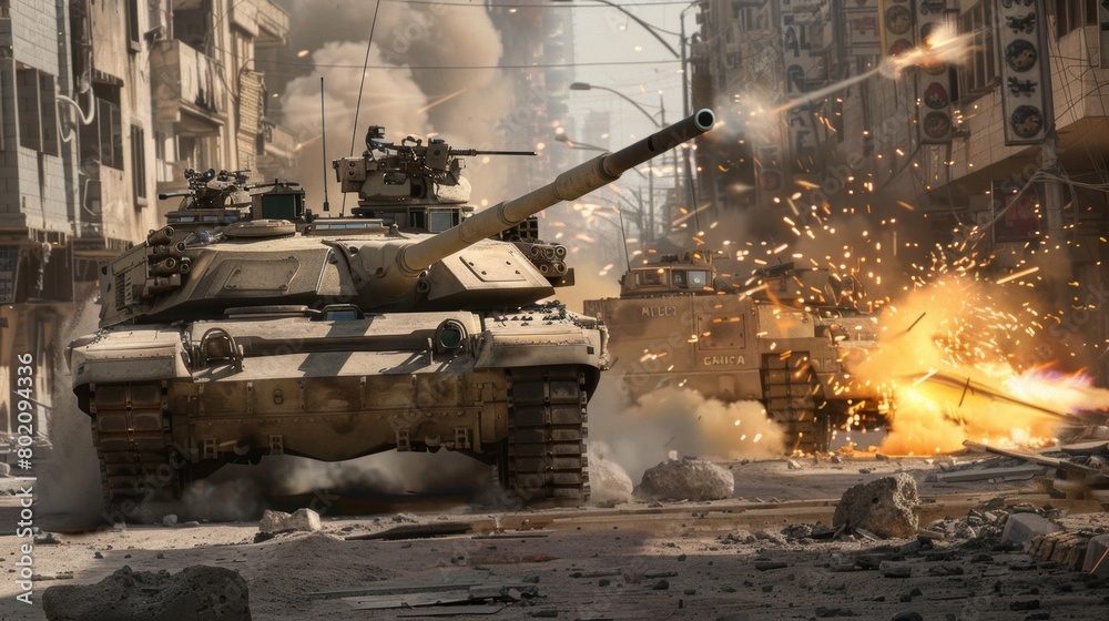 A photorealistic depiction of an Military tank M1 Abrams engaged in a close-quarters urban firefight Sparks fly as its turret swivels A photorealistic depiction of an Military tank M1 Abrams engaged in a close-quarters urban firefight Sparks fly as its turret swivels