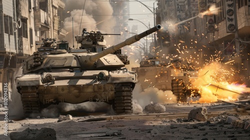 A photorealistic depiction of an Military tank M1 Abrams engaged in a close-quarters urban firefight Sparks fly as its turret swivels photo