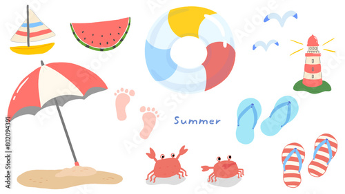 Cute hand-drawn illustration set with summer themes, watermelon, swim ring, beach sandals / 夏をイメージしたかわいい手描きのイラストセット、スイカ、浮き輪、ビーチサンダル