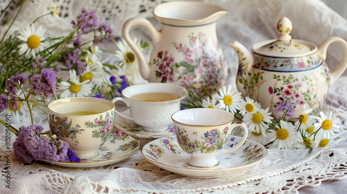 There is a floral tea set on a white tablecloth. There are chamomile and lavender flowers scattered around the table.