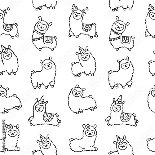 Cute kawaii little llama. Seamless pattern. Coloring Page. Cartoon funny alpaca, animals character. Hand drawn style. Vector drawing. Design ornaments.