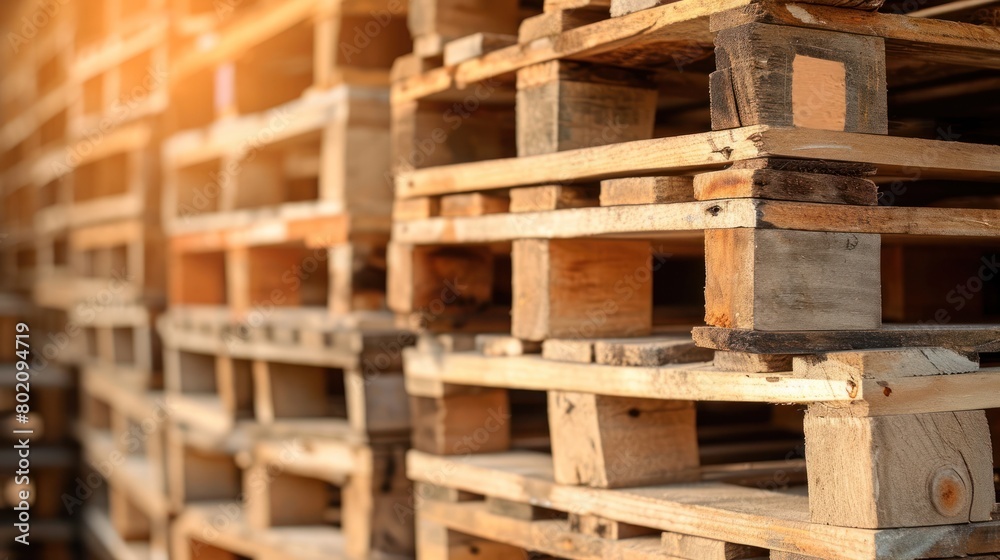 Stacked wooden pallets ready for use in the warehouse or factory