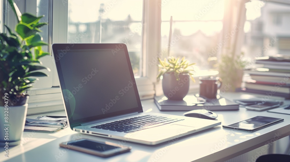 Neatly arranged morning light business office table with laptop, mobile phone and mouse and green plants Neatly arranged morning light business office table with laptop, mobile phone and mouse and green plants