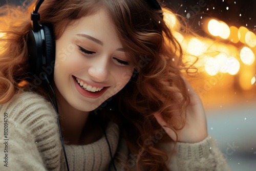 A woman with long red hair is smiling while listening to music