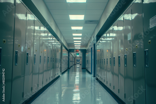 Empty school hallway with row of lockers, subdued lighting, and open exit doors.