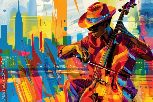 A street musician in pop art style, stylized instrument, exaggerated features, and a bold cityscape backdrop