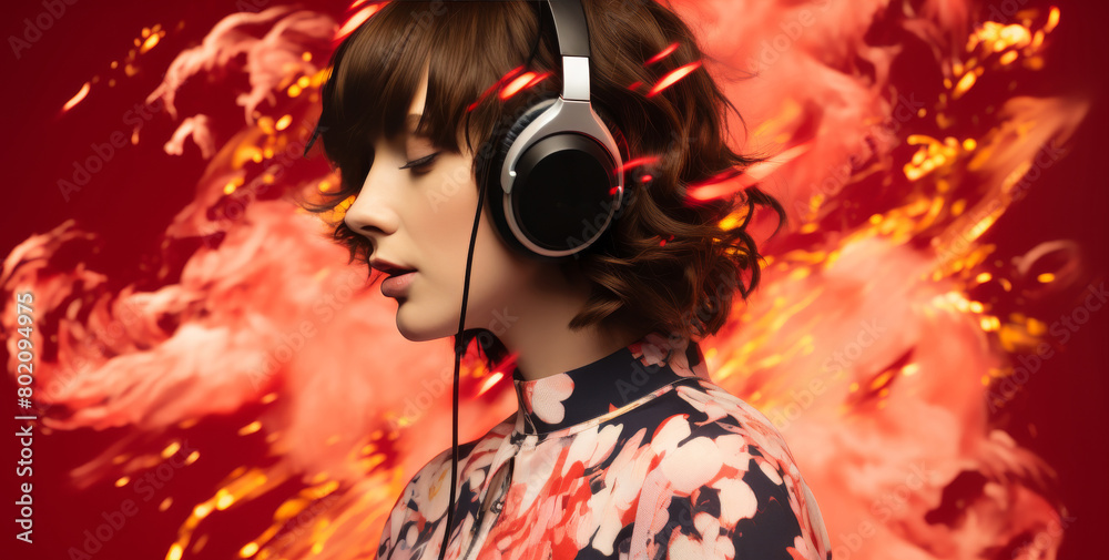 Obraz premium A woman wearing headphones is shown in a red background