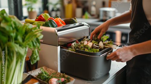 A person is adding food scraps to a countertop compost bin.