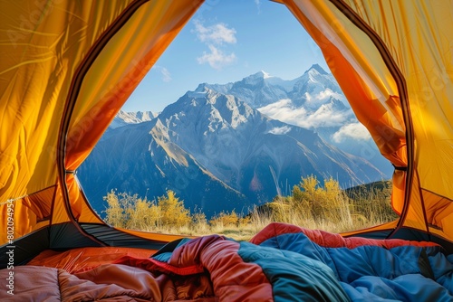 Scenic view from the tent in the mountains.