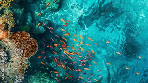 A vibrant coral reef teeming with colorful fish, visible from above through the crystal-clear turquoise water photo