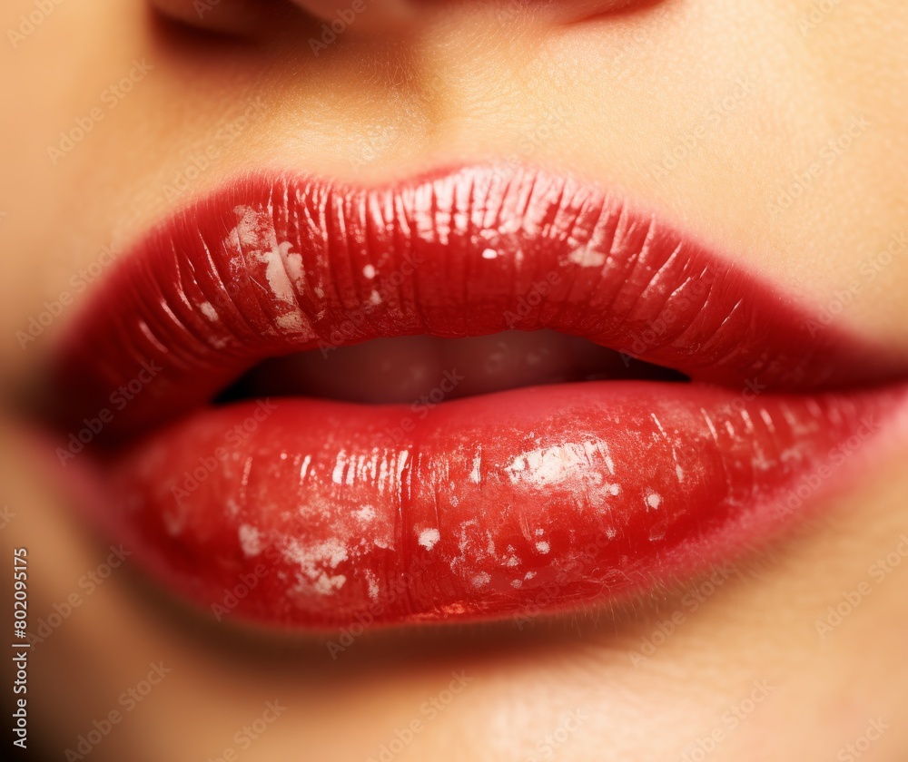 Obraz premium A woman's lips are painted red with a white gloss