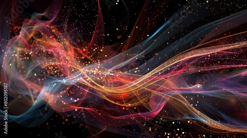 Abstract visualization of network traffic, swirling shapes and colors representing data packets flowing to the cloud