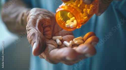 Close-up of a male hand holding a pill bottle pouring medication into his hand 