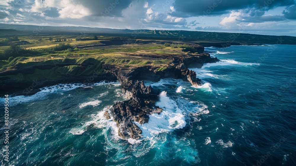 Obraz premium Aerial view of a rugged coastline with dramatic rock formations and crashing waves, showcasing the power of the ocean