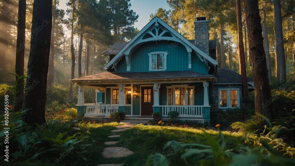 Tourist House For Rest. Wooden House In Forest In Sunny Autumn Day


