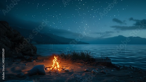 A beachside campfire with friends sharing stories under the stars.