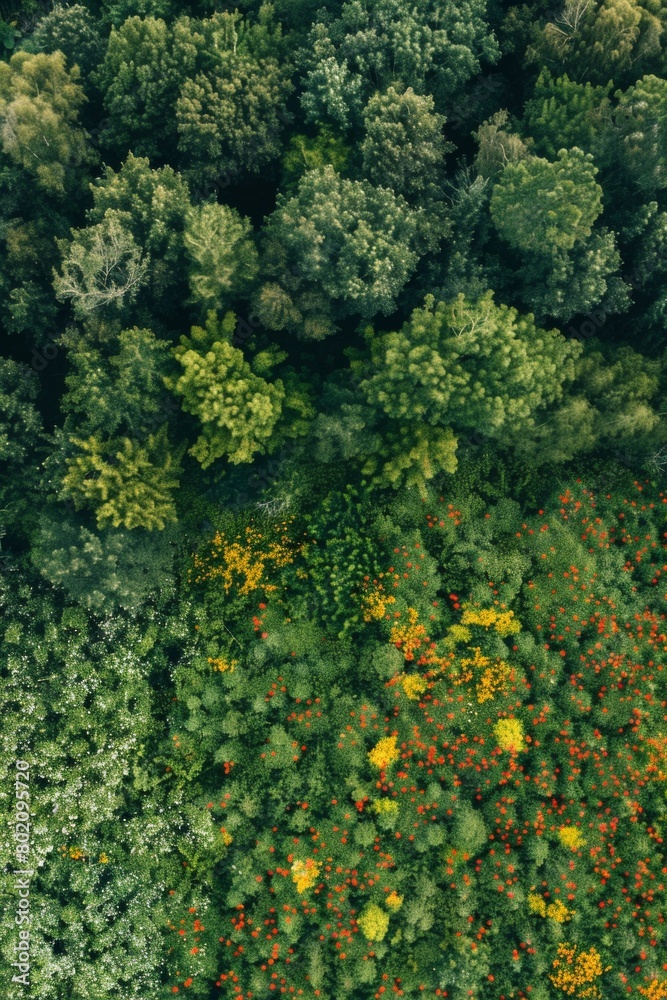 Aerial view of a vibrant wildflower field bordering a dense forest Aerial view of a vibrant wildflower field bordering a dense forest
