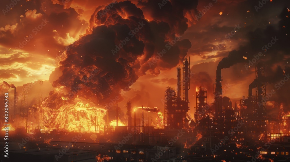 Industrial Catastrophe: A chemical plant erupts in a massive explosion, sending toxic fumes and towering flames into the sky, leaving behind a toxic wasteland. 