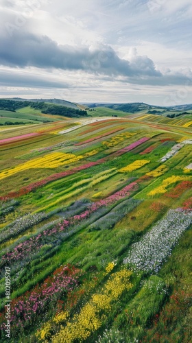 Aerial view of a vast field carpeted with colorful wildflowers  resembling a vibrant patchwork quilt