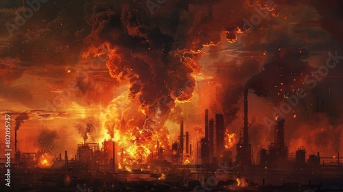 Industrial Catastrophe: A chemical plant erupts in a massive explosion, sending toxic fumes and towering flames into the sky, leaving behind a toxic wasteland.  © Emil