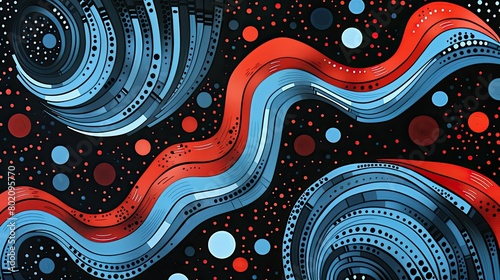 abstract background with waves and dots, blue red black backdrop, wavy