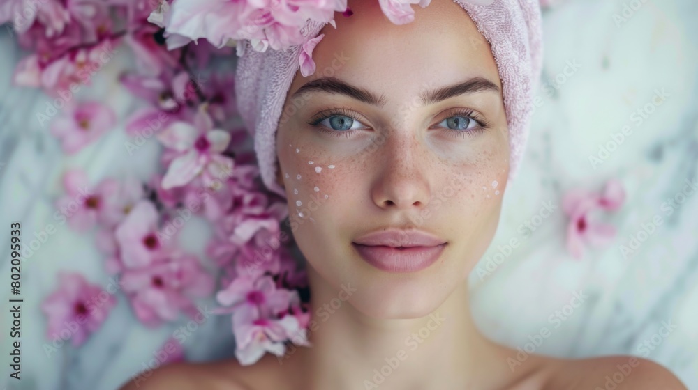 A woman relaxes with a facial treatment surrounded by pink blossoms, conveying a sense of tranquility. A woman relaxes with a facial treatment surrounded by pink blossoms, conveying a sense of tranquility.
