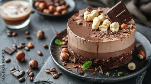 Hot coffee and chocolate mousse cake with hazelnuts and dark chocolate glaze on a wooden and grey stone background. Dark food photography