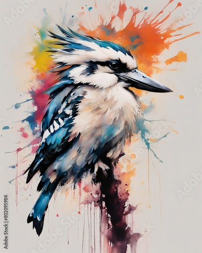 Vibrant ink splash of a kookaburra, abstract style where splashes of ink creating its form, lively and dynamic feel, capturing the energetic and playful nature of the bird, Generative AI.