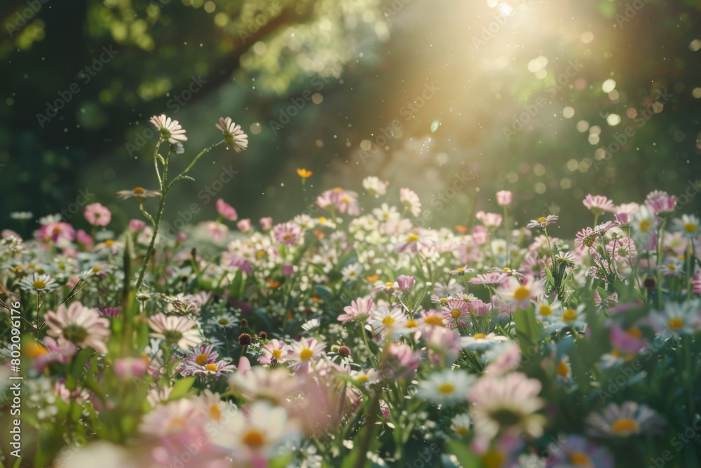Fototapeta premium Close-up of a bed of wildflowers in a forest clearing, sunlight filtering through, hyperrealistic focus on petals and textures