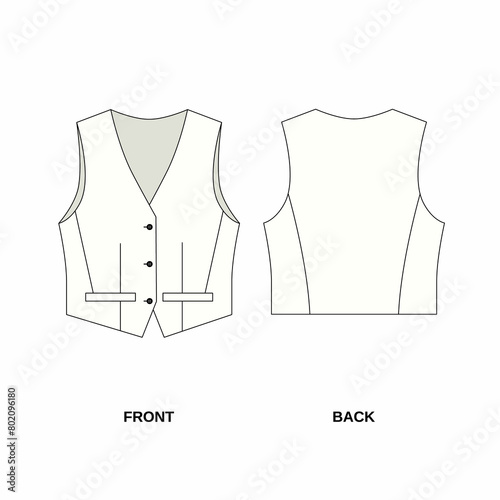 Technical drawing of a suit vest with pockets, front and back view. Pattern of fashionable vest for women in white color. Outline pattern of short vest with buttons.