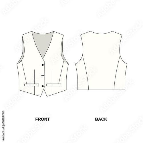 Technical drawing of a suit vest with pockets, front and back view. Pattern of fashionable vest for women in white color. Outline pattern of short vest with buttons.