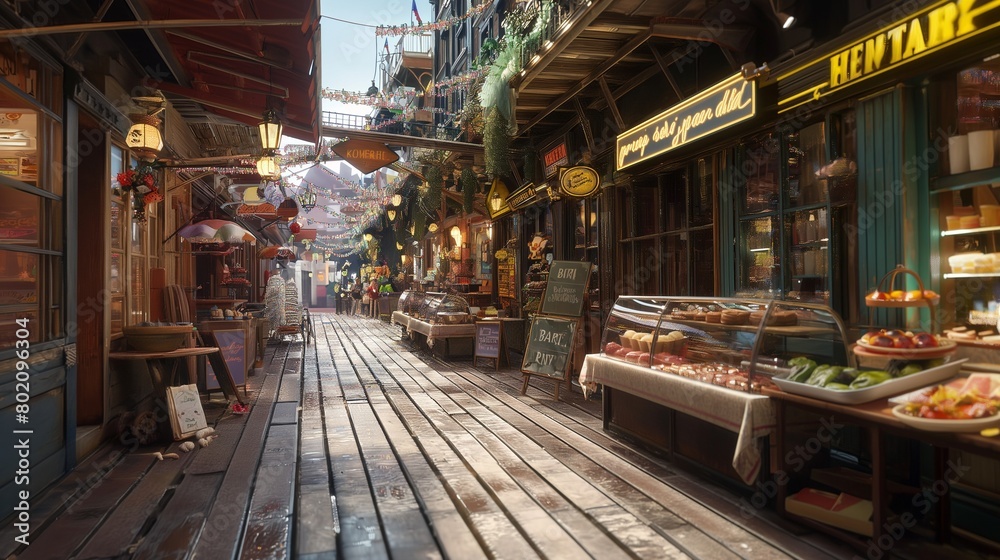 A bustling boardwalk lined with shops, filled with the aroma of freshly made treats.