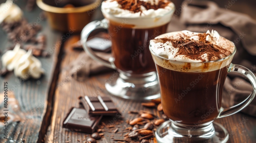 Irish coffee with grated dark chocolate on wooden table Irish coffee with grated dark chocolate on wooden table