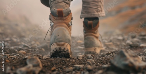 Close-up of a hikers boots, showcasing the dusty trail, cracked earth, and determined stride photo