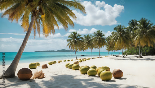 Tropical Paradise: Sunny Beach with Coconut Trees and Blue Waters