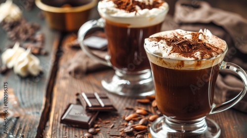 Irish coffee with grated dark chocolate on wooden table