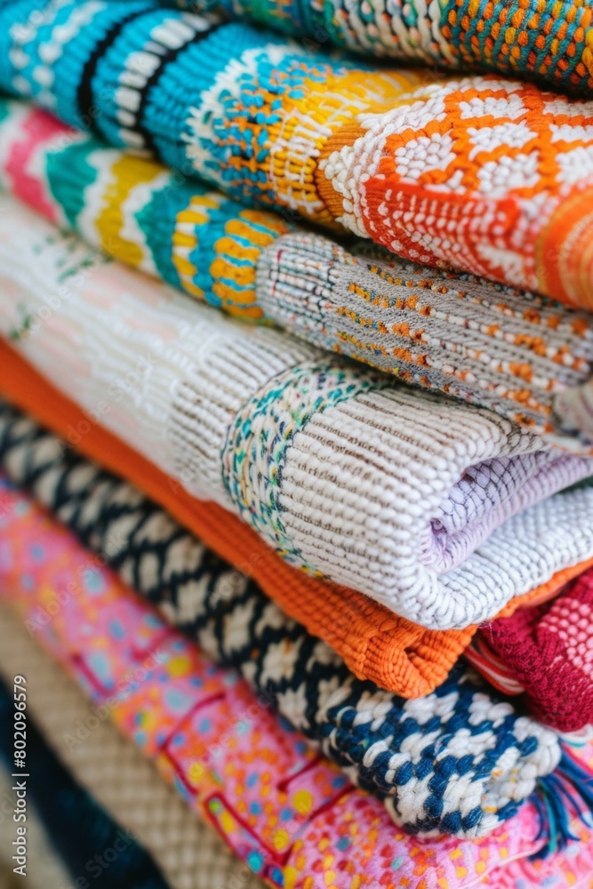 Close-up of a stack of colorful beach towels, emphasizing their different textures, patterns, and playful tassel