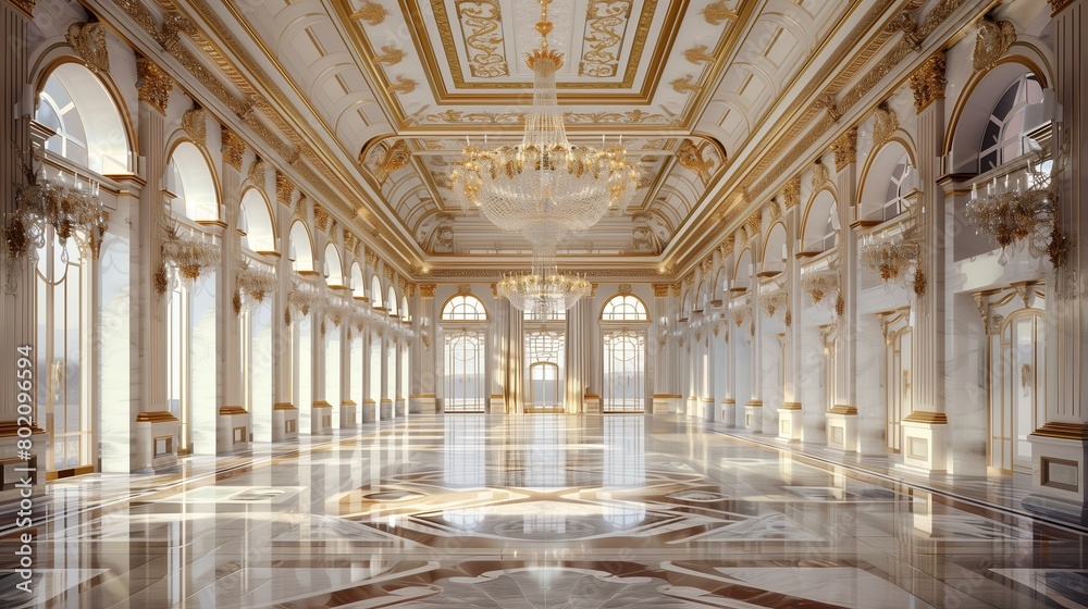 Luxurious palace ballroom with ornate chandeliers and marble floors.