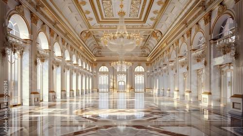Luxurious palace ballroom with ornate chandeliers and marble floors. photo