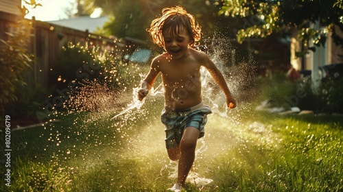 A child running through a sprinkler in the backyard on a hot day.