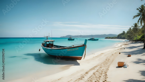 Sunny Beach Paradise with a Lone Fishing Boat