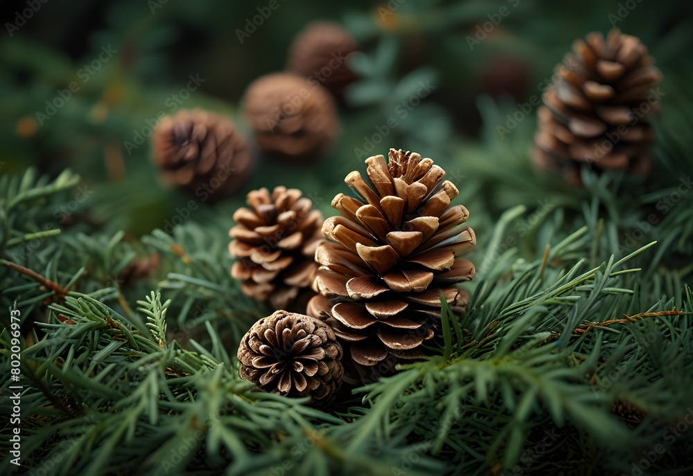 Pine cones nestled among green needles, contrasting rough and delicate textures, generative AI Pine cones nestled among green needles, contrasting rough and delicate textures, generative AI