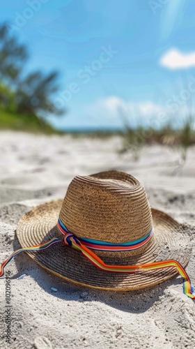 Close-up of a woven straw hat resting on the sand  adorned with a colorful ribbon