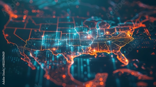 Digital map of USA, concept of North America global network and connectivity, data transfer and cyber technology, information exchange and telecommunication